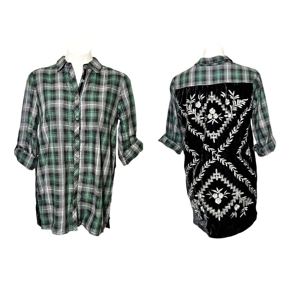 Democracy Plaid Button Down With Embroidered Velvet Back Size Small Green